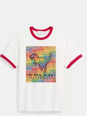Coach Rexy White Rainbow 🌈 Tee with Red Trim & Dino Graphic